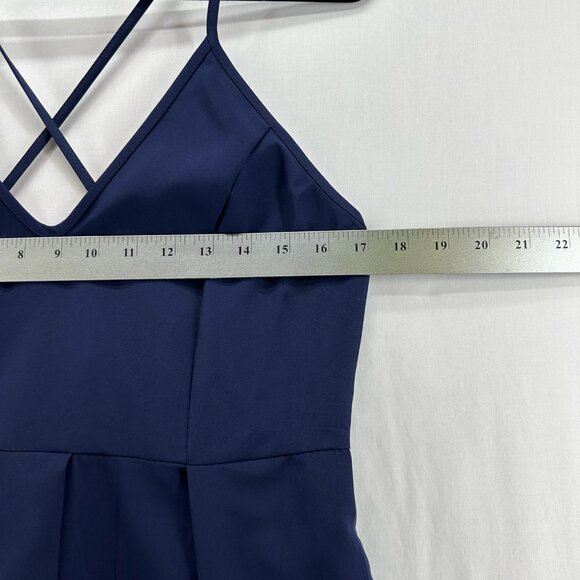 Elia Cher Midi Dress Sz L Pleated V-Neck Adjustable Crossback Strap Pleated Navy - Picture 7 of 14